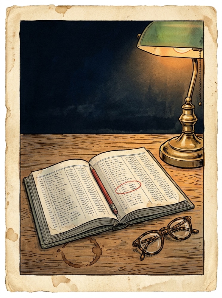 Frank's gray-green notebook open on the oak desk, red pencil in the gutter, under the brass lamp