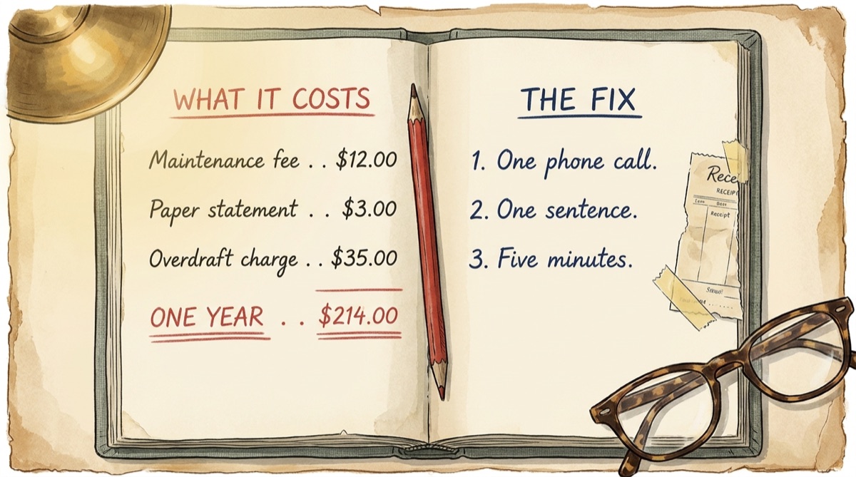 A notebook spread: WHAT IT COSTS — maintenance fee, paper statement, overdraft charge, one year $214 — and THE FIX: one phone call, one sentence, five minutes